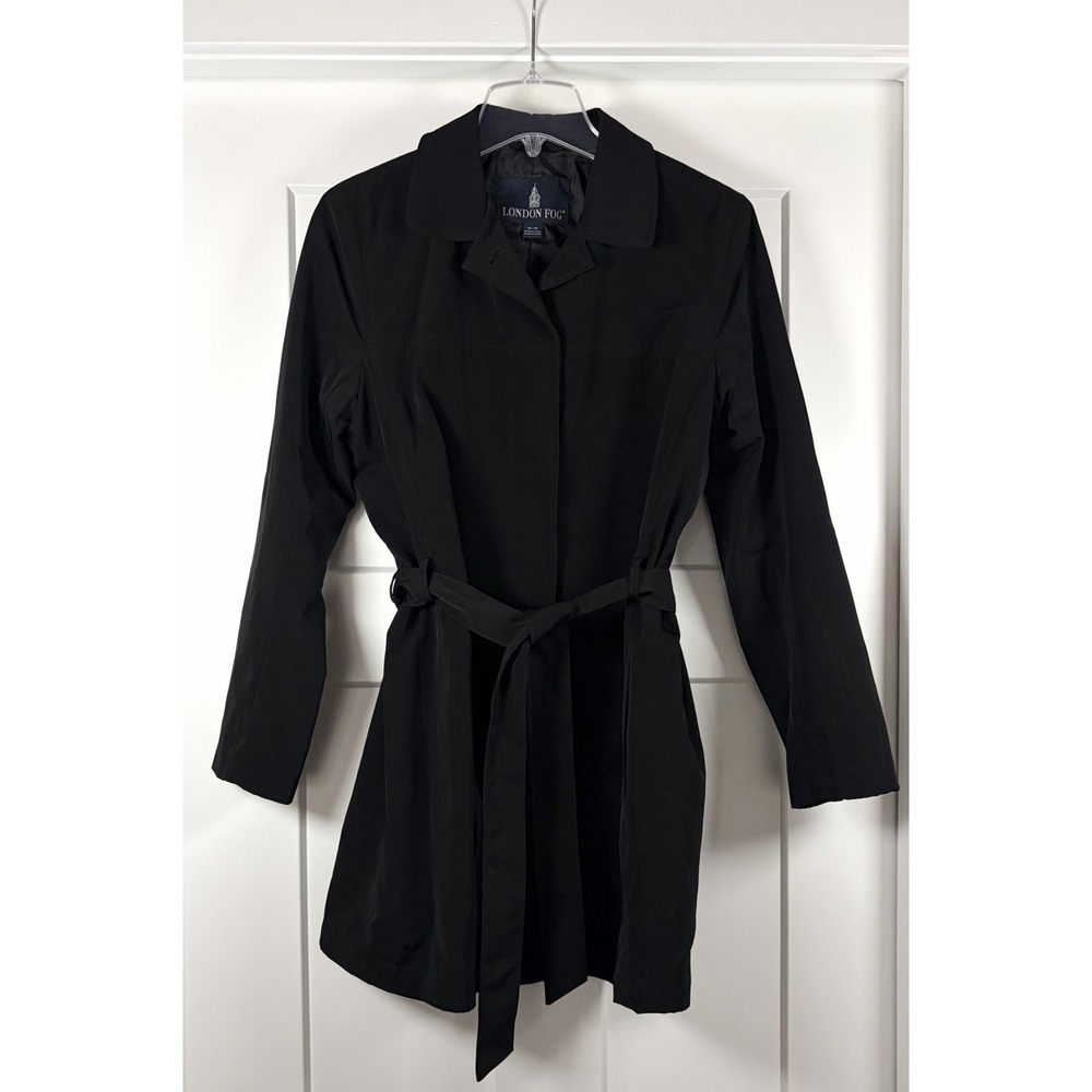 London Fog Black Belted Trench Coat Women's Medium Zip Up Rain Jacket